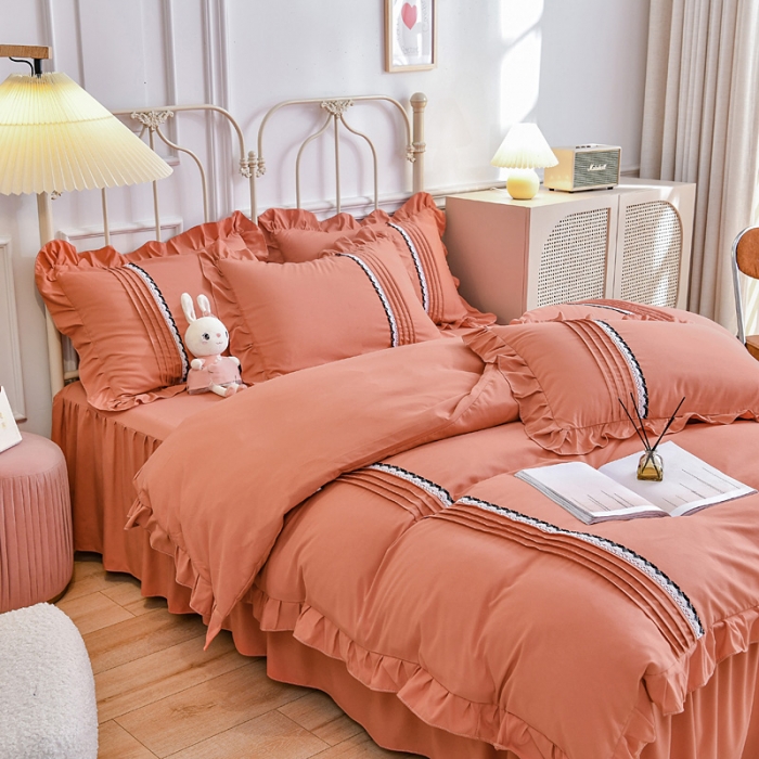 91家纺网 家纺一手货源 找家纺 绒兔兔2021韩版四季棉揪花工艺四件套砖红