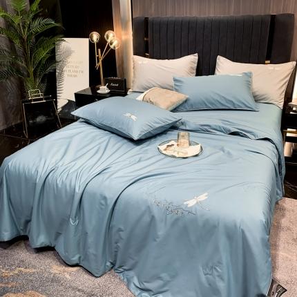 91家纺网 家纺一手货源 找家纺 头等舱2022全棉A类大豆抗菌防螨夏被四件套蜻蜓 蜻蜓蓝-实拍图