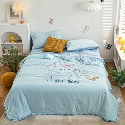 91家纺网 家纺一手货源 找家纺 兄弟坊2021新款针织棉刺绣夏被四件套 萝莉兔-浅蓝