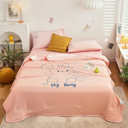 91家纺网 家纺一手货源 找家纺 兄弟坊2021新款针织棉刺绣夏被四件套 萝莉兔-桃粉