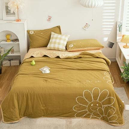 91家纺网 家纺一手货源 找家纺 兄弟坊2021新款针织棉刺绣夏被四件套 太阳花-姜黄
