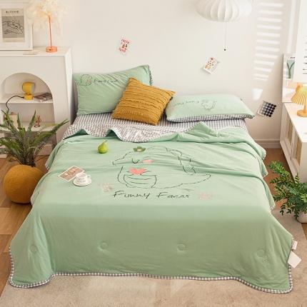 91家纺网 家纺一手货源 找家纺 兄弟坊2021新款针织棉刺绣夏被四件套 小恐龙-抹茶