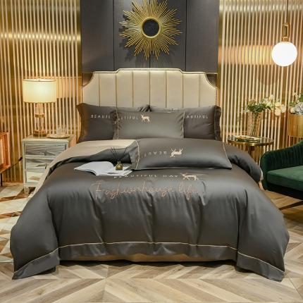 91家纺网 家纺一手货源 找家纺 （总）金麦家纺 2022新款水洗真丝刺绣四件套-一鹿有你