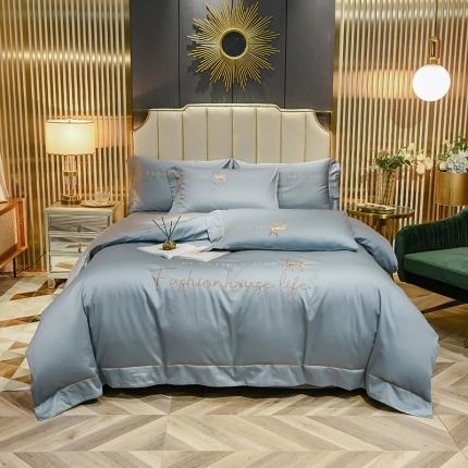 91家纺网 家纺一手货源 找家纺 金麦家纺 2022新款水洗真丝刺绣四件套-一鹿有你-海洋蓝