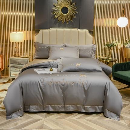 91家纺网 家纺一手货源 找家纺 金麦家纺 2022新款水洗真丝刺绣四件套-一鹿有你-牧野灰