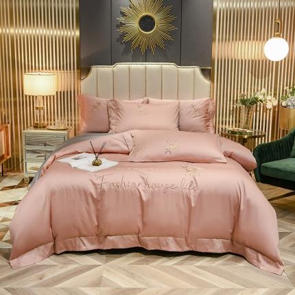 91家纺网 家纺一手货源 找家纺 金麦家纺 2022新款水洗真丝刺绣四件套-一鹿有你-浅豆沙