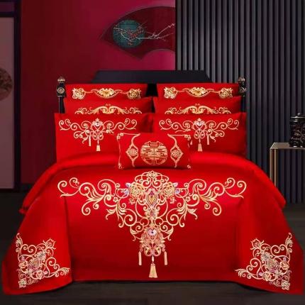 尹黛尔婚庆四件套大红刺绣磨毛可配多件套床单款床盖款独 一无二