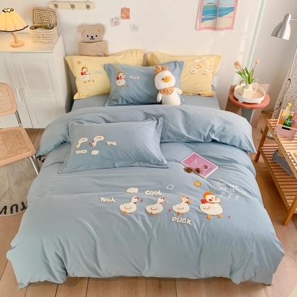91家纺网 家纺一手货源 找家纺 蜜柚2021全棉水洗棉卡通毛巾绣小清新床单四件套 可爱鸭蓝
