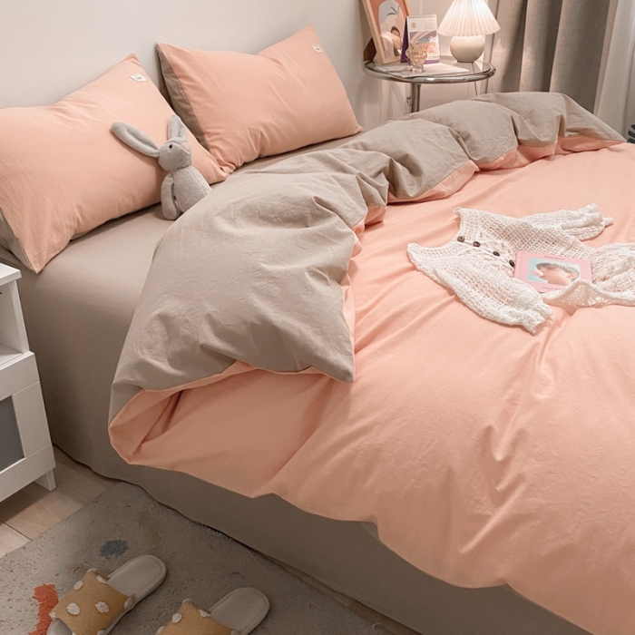 91家纺网 家纺一手货源 找家纺 蓝巢2021新款全棉水洗棉混搭款四件套实拍图 混搭-粉卡其