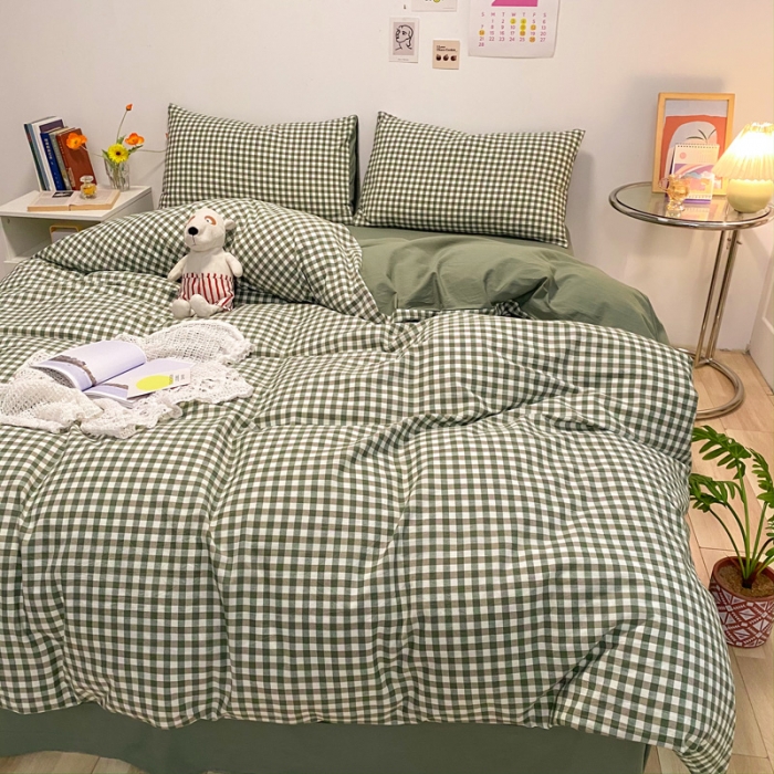 91家纺网 家纺一手货源 找家纺 蓝巢2021新款全棉水洗棉混搭款单被套实拍图 混搭-绿小格