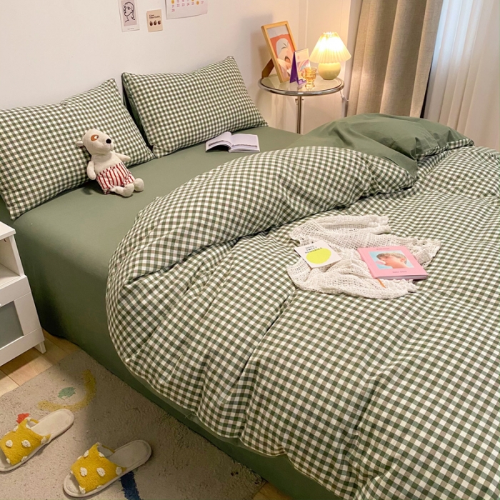 91家纺网 家纺一手货源 找家纺 蓝巢2021新款全棉水洗棉混搭款单被套实拍图 混搭-绿小格