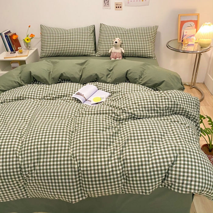 91家纺网 家纺一手货源 找家纺 蓝巢2021新款全棉水洗棉混搭款单被套实拍图 混搭-绿小格