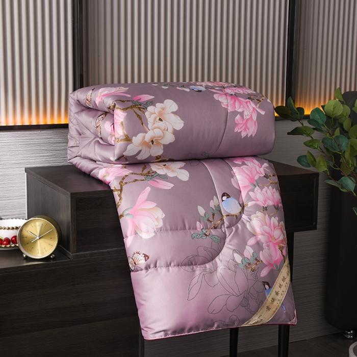 91家纺网 家纺一手货源 找家纺 鑫发家纺 2021新款丝绸印花被 鸟语花香-紫