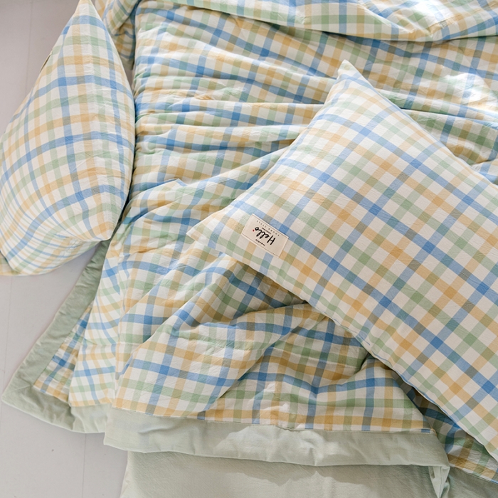 91家纺网 家纺一手货源 找家纺 久典 新款全棉色织水洗棉大豆被夏被四件套 彩虹格-绿