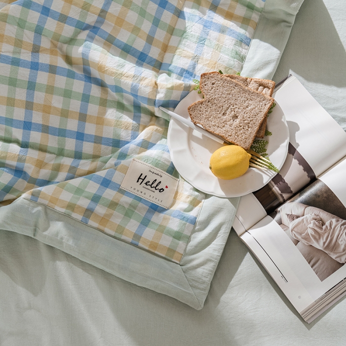 91家纺网 家纺一手货源 找家纺 久典 新款全棉色织水洗棉大豆被夏被四件套 彩虹格-绿