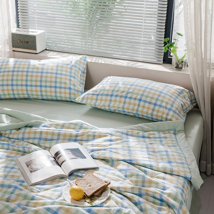 91家纺网 家纺一手货源 找家纺 久典 新款全棉色织水洗棉大豆被夏被四件套 彩虹格-绿