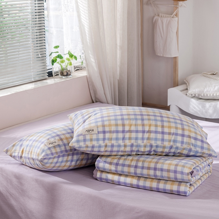 91家纺网 家纺一手货源 找家纺 久典 新款全棉色织水洗棉大豆被夏被四件套 彩虹格-紫