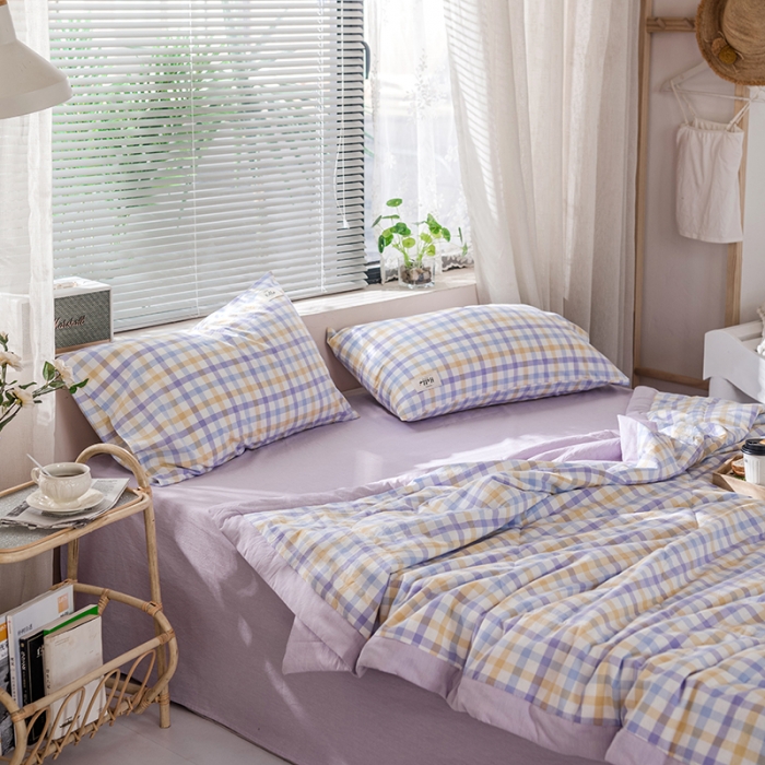 91家纺网 家纺一手货源 找家纺 久典 新款全棉色织水洗棉大豆被夏被四件套 彩虹格-紫