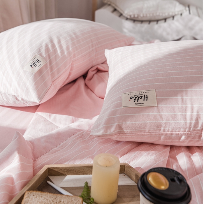 91家纺网 家纺一手货源 找家纺 久典 新款全棉色织水洗棉大豆被夏被四件套 粉细条