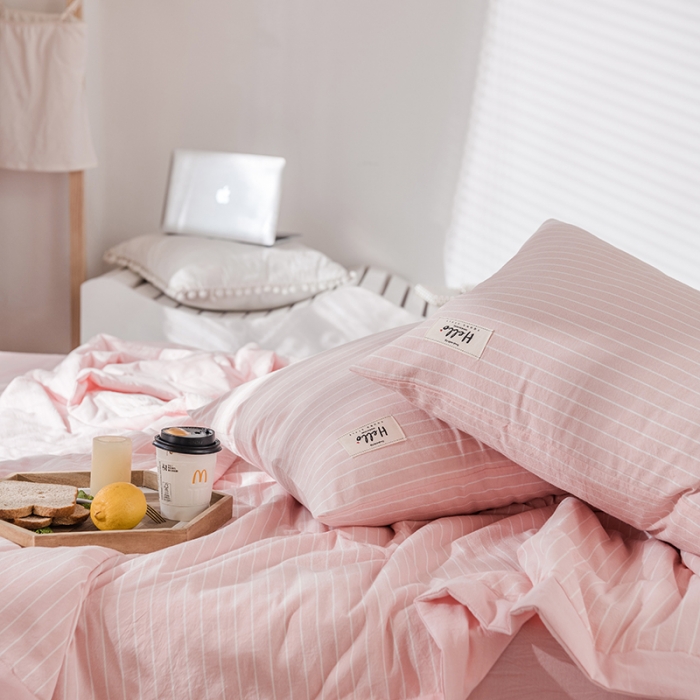 91家纺网 家纺一手货源 找家纺 久典 新款全棉色织水洗棉大豆被夏被四件套 粉细条