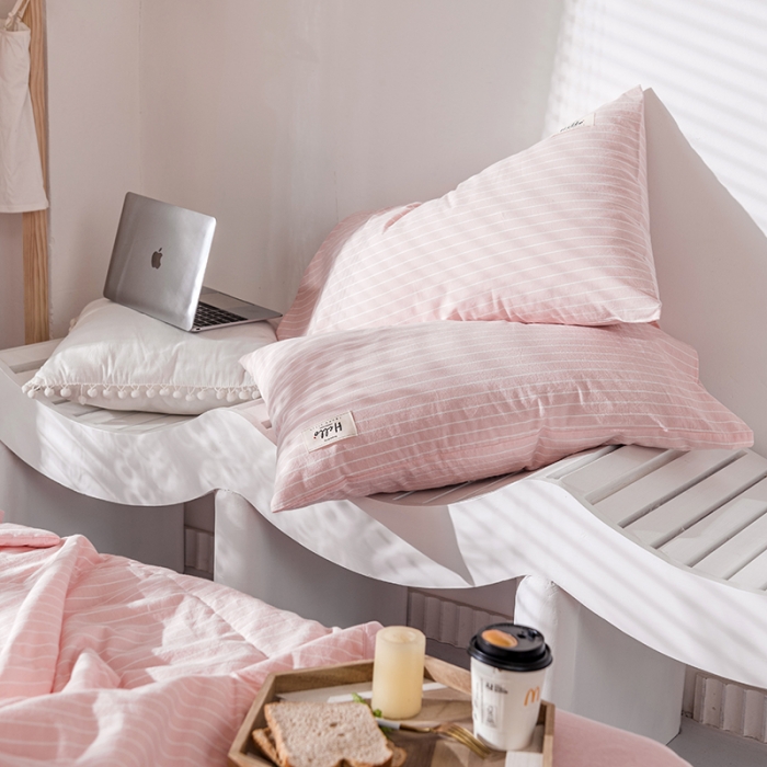 91家纺网 家纺一手货源 找家纺 久典 新款全棉色织水洗棉大豆被夏被四件套 粉细条