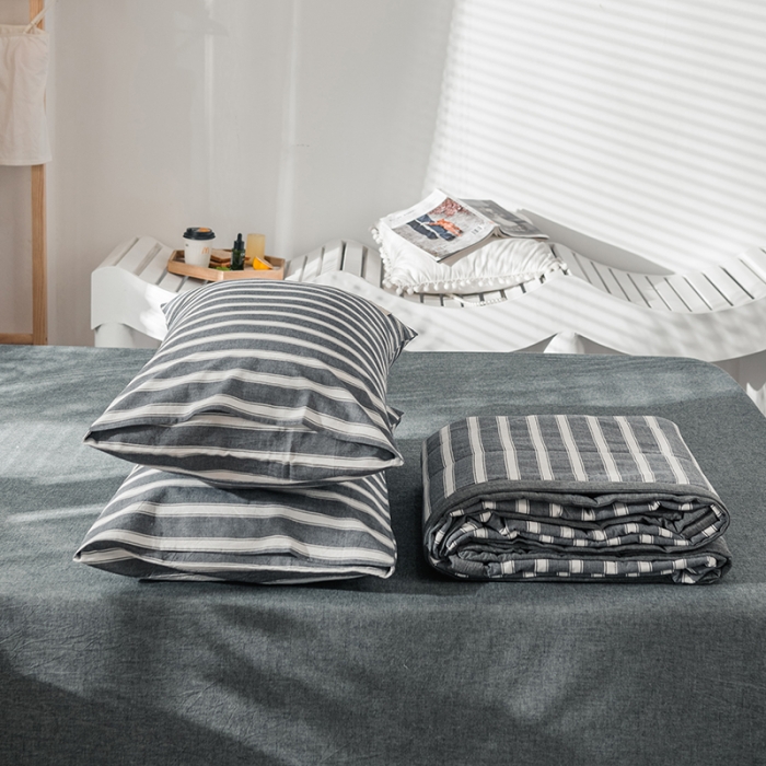 91家纺网 家纺一手货源 找家纺 久典 新款全棉色织水洗棉大豆被夏被四件套 灰粗条