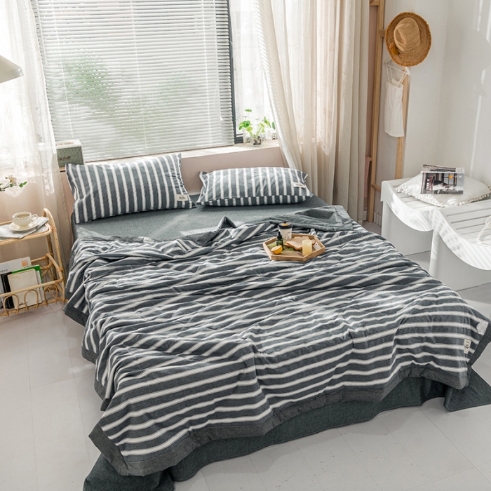 91家纺网 家纺一手货源 找家纺 久典 新款全棉色织水洗棉大豆被夏被四件套 灰粗条