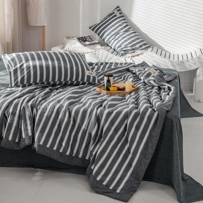 91家纺网 家纺一手货源 找家纺 久典 新款全棉色织水洗棉大豆被夏被四件套 灰粗条