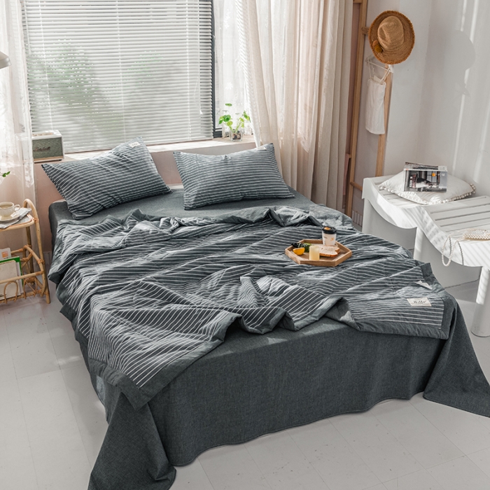 91家纺网 家纺一手货源 找家纺 久典 新款全棉色织水洗棉大豆被夏被四件套 灰细条