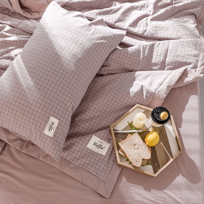 91家纺网 家纺一手货源 找家纺 久典 新款全棉色织水洗棉大豆被夏被四件套 京都粉格