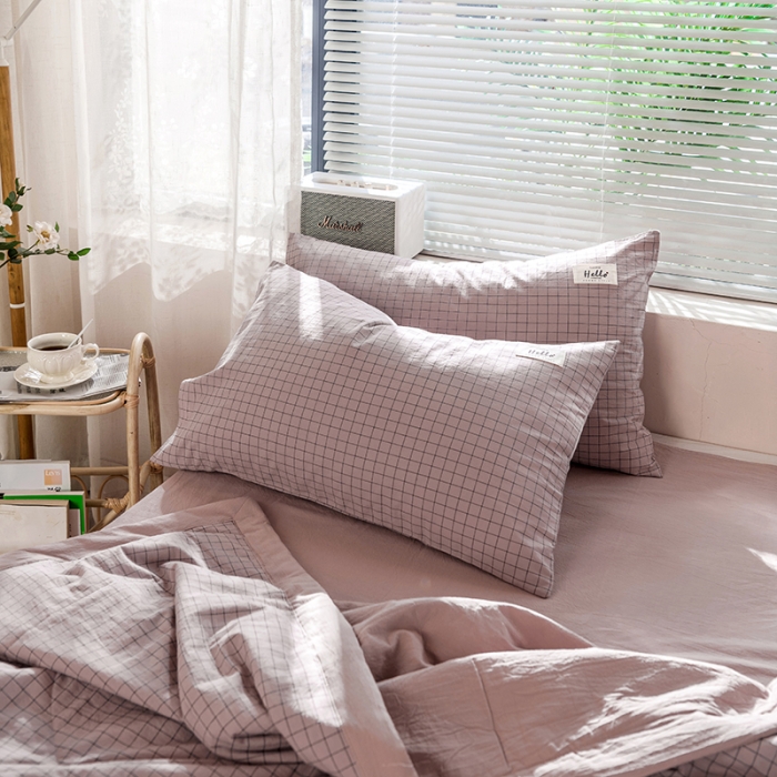 91家纺网 家纺一手货源 找家纺 久典 新款全棉色织水洗棉大豆被夏被四件套 京都粉格