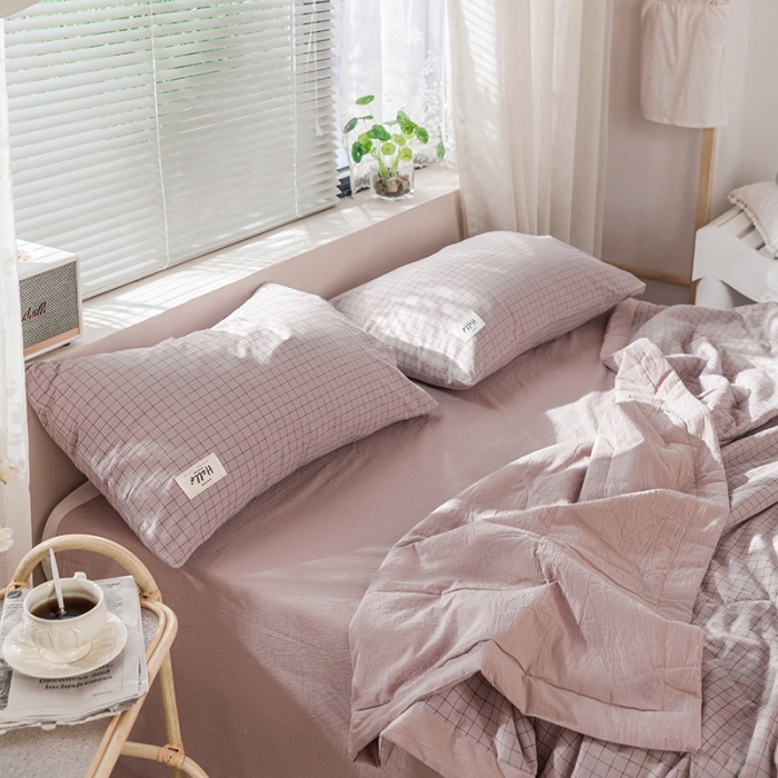 91家纺网 家纺一手货源 找家纺 久典 新款全棉色织水洗棉大豆被夏被四件套 京都粉格