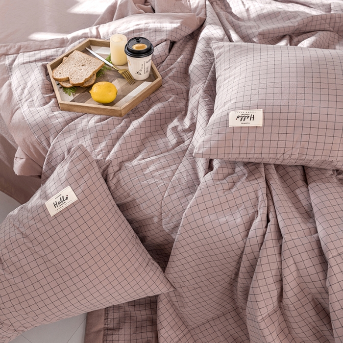 91家纺网 家纺一手货源 找家纺 久典 新款全棉色织水洗棉大豆被夏被四件套 京都粉格