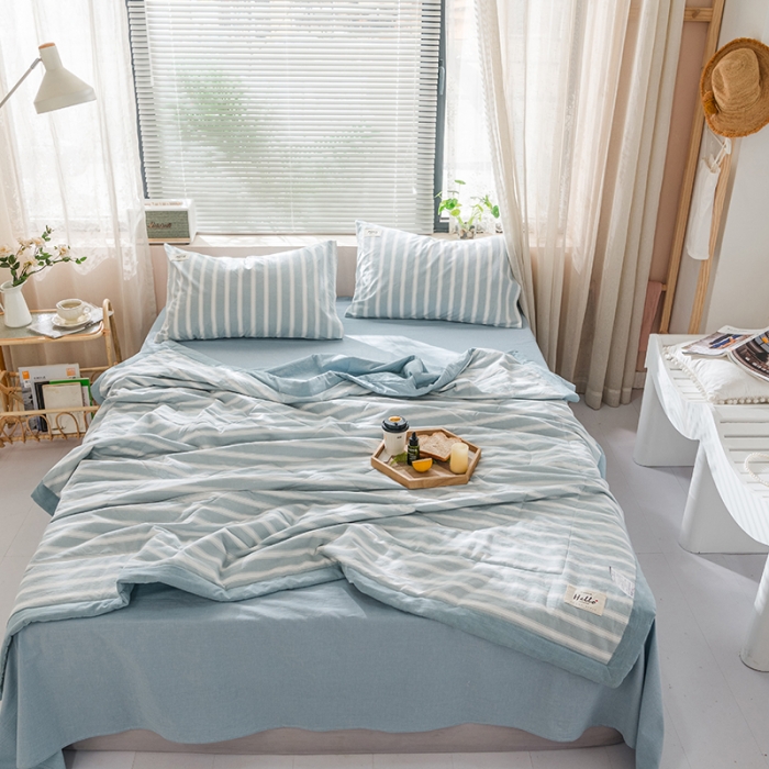 91家纺网 家纺一手货源 找家纺 久典 新款全棉色织水洗棉大豆被夏被四件套 蓝粗条