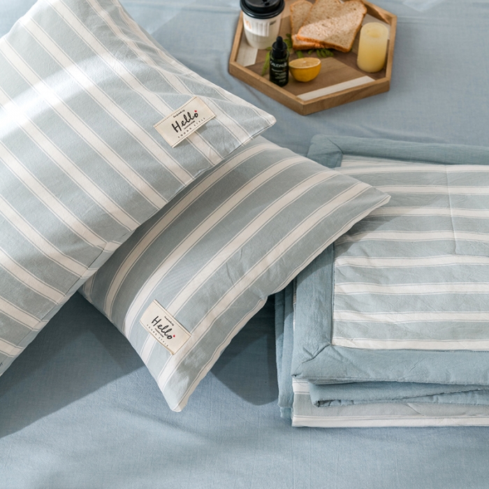 91家纺网 家纺一手货源 找家纺 久典 新款全棉色织水洗棉大豆被夏被四件套 蓝粗条