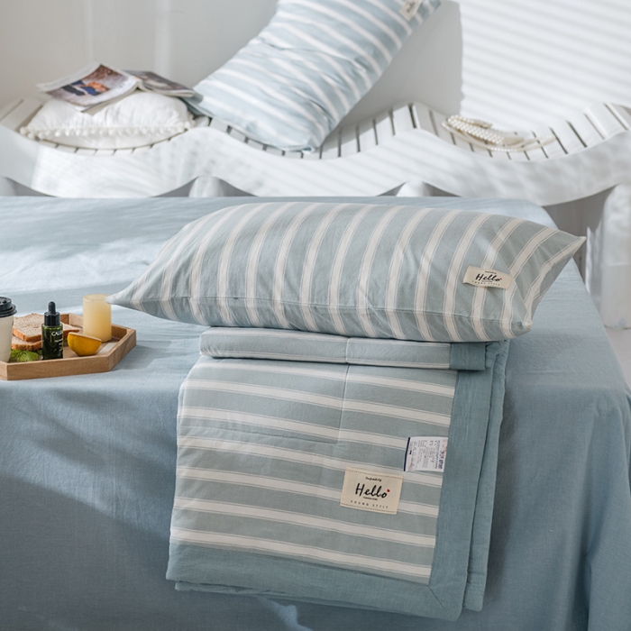 91家纺网 家纺一手货源 找家纺 久典 新款全棉色织水洗棉大豆被夏被四件套 蓝粗条