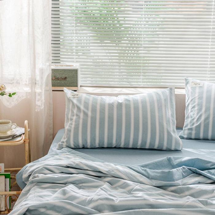 91家纺网 家纺一手货源 找家纺 久典 新款全棉色织水洗棉大豆被夏被四件套 蓝粗条