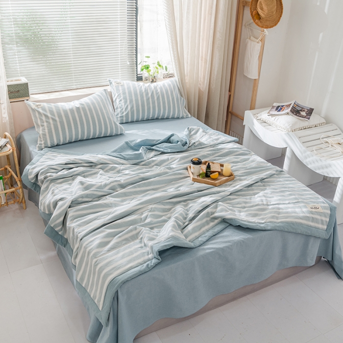 91家纺网 家纺一手货源 找家纺 久典 新款全棉色织水洗棉大豆被夏被四件套 蓝粗条