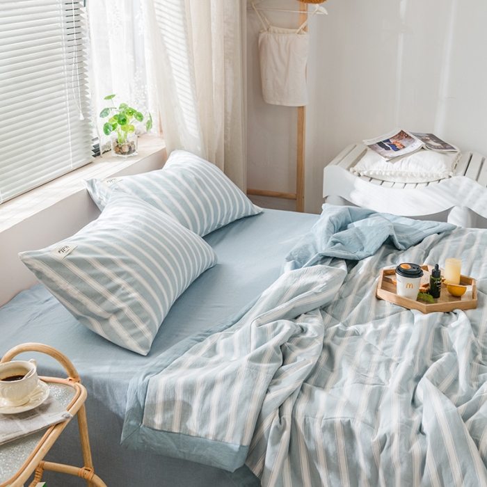 91家纺网 家纺一手货源 找家纺 久典 新款全棉色织水洗棉大豆被夏被四件套 蓝粗条