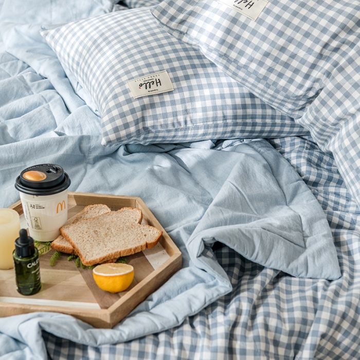 91家纺网 家纺一手货源 找家纺 久典 新款全棉色织水洗棉大豆被夏被四件套 蓝小格