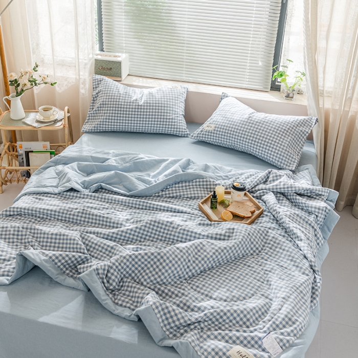 91家纺网 家纺一手货源 找家纺 久典 新款全棉色织水洗棉大豆被夏被四件套 蓝小格