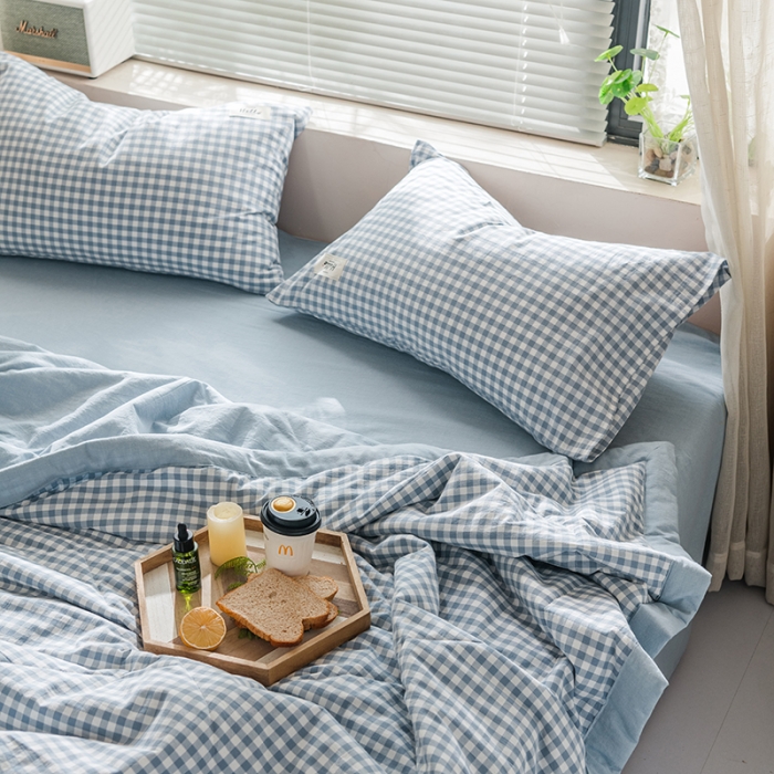 91家纺网 家纺一手货源 找家纺 久典 新款全棉色织水洗棉大豆被夏被四件套 蓝小格