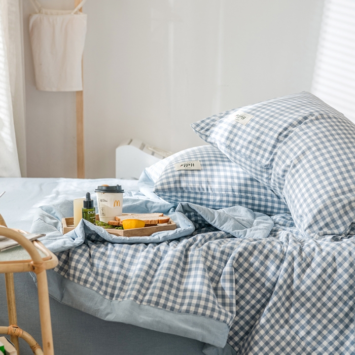 91家纺网 家纺一手货源 找家纺 久典 新款全棉色织水洗棉大豆被夏被四件套 蓝小格