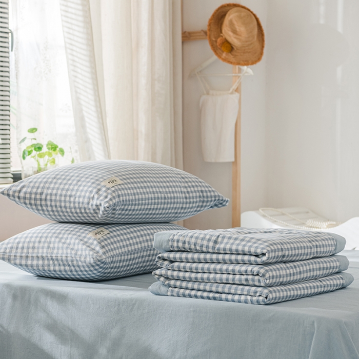 91家纺网 家纺一手货源 找家纺 久典 新款全棉色织水洗棉大豆被夏被四件套 蓝小格