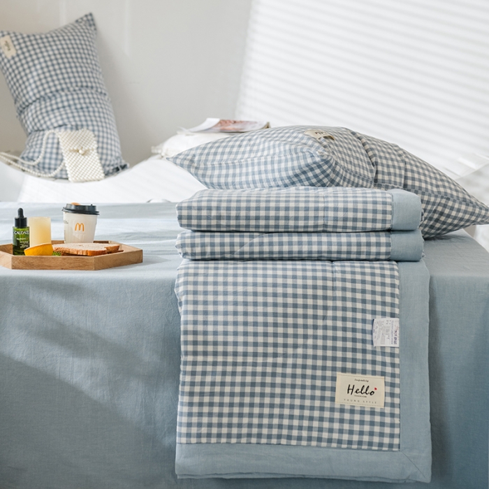 91家纺网 家纺一手货源 找家纺 久典 新款全棉色织水洗棉大豆被夏被四件套 蓝小格