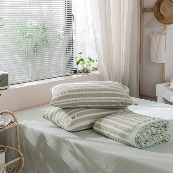 91家纺网 家纺一手货源 找家纺 久典 新款全棉色织水洗棉大豆被夏被四件套 绿粗条