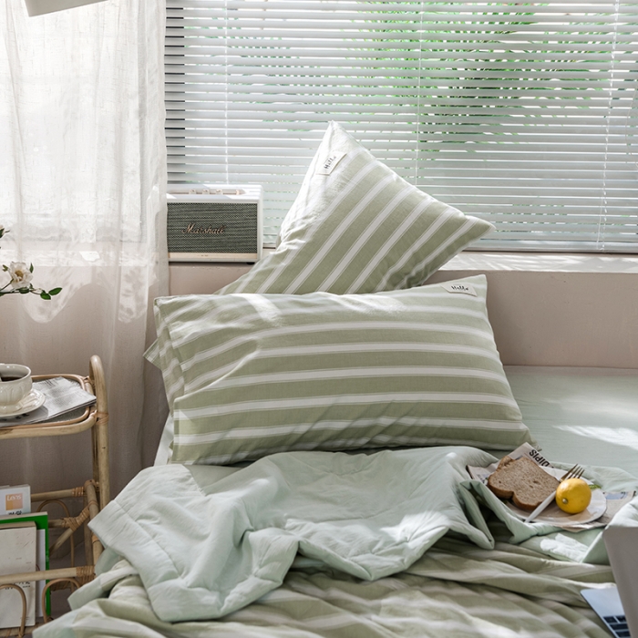 91家纺网 家纺一手货源 找家纺 久典 新款全棉色织水洗棉大豆被夏被四件套 绿粗条