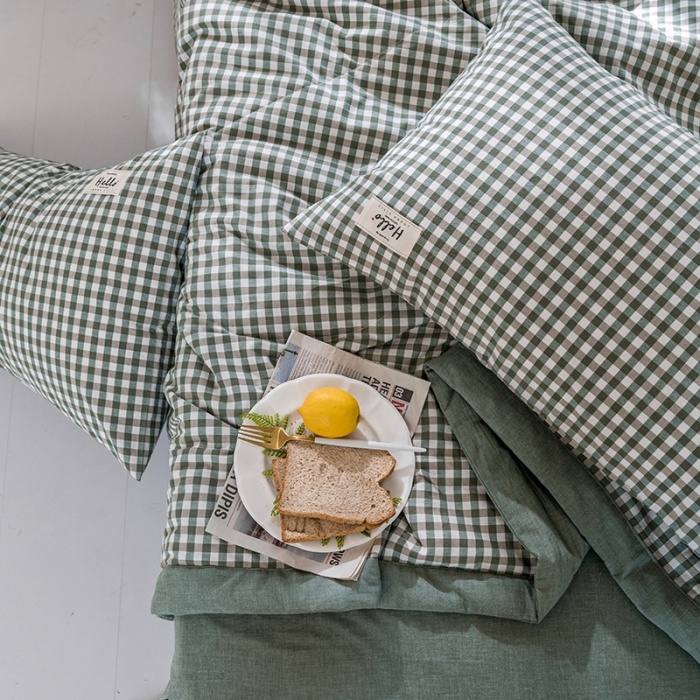 91家纺网 家纺一手货源 找家纺 久典 新款全棉色织水洗棉大豆被夏被四件套 绿小格