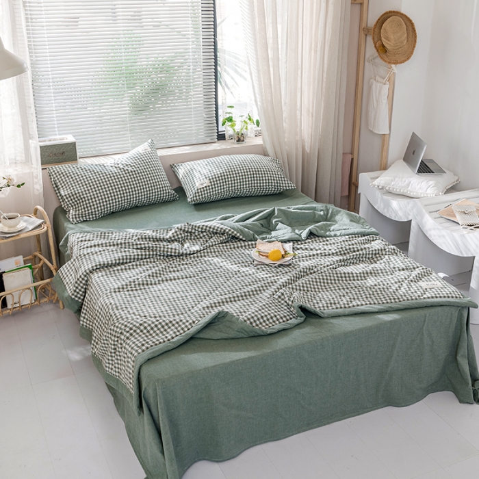 91家纺网 家纺一手货源 找家纺 久典 新款全棉色织水洗棉大豆被夏被四件套 绿小格