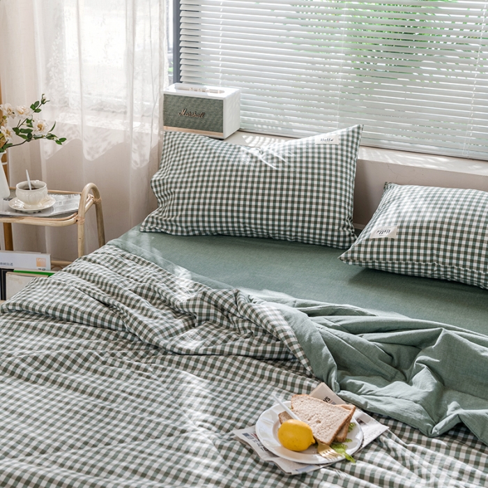 91家纺网 家纺一手货源 找家纺 久典 新款全棉色织水洗棉大豆被夏被四件套 绿小格